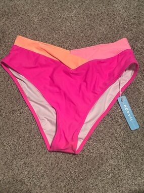 Popvil High-Waist Colorblock Bikini Bottoms - Hot Pink with Peach Accents